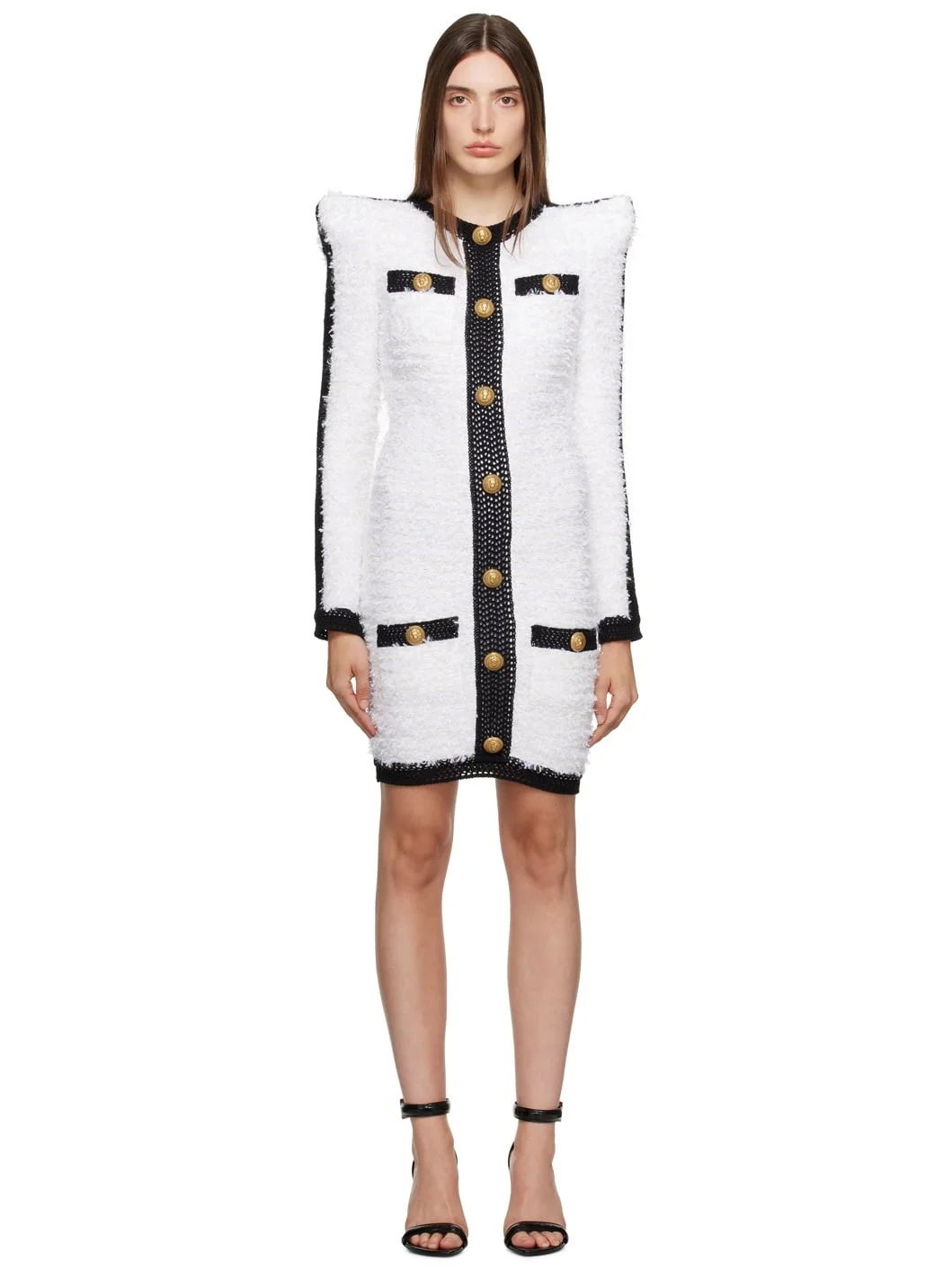 White & Black Pointed Shoulder Minidress - 1