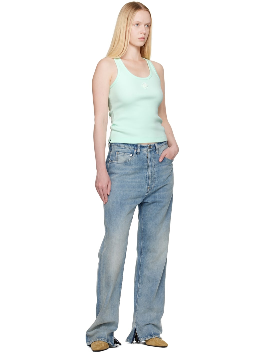 Blue Ribbed Jersey Tank Top - 4