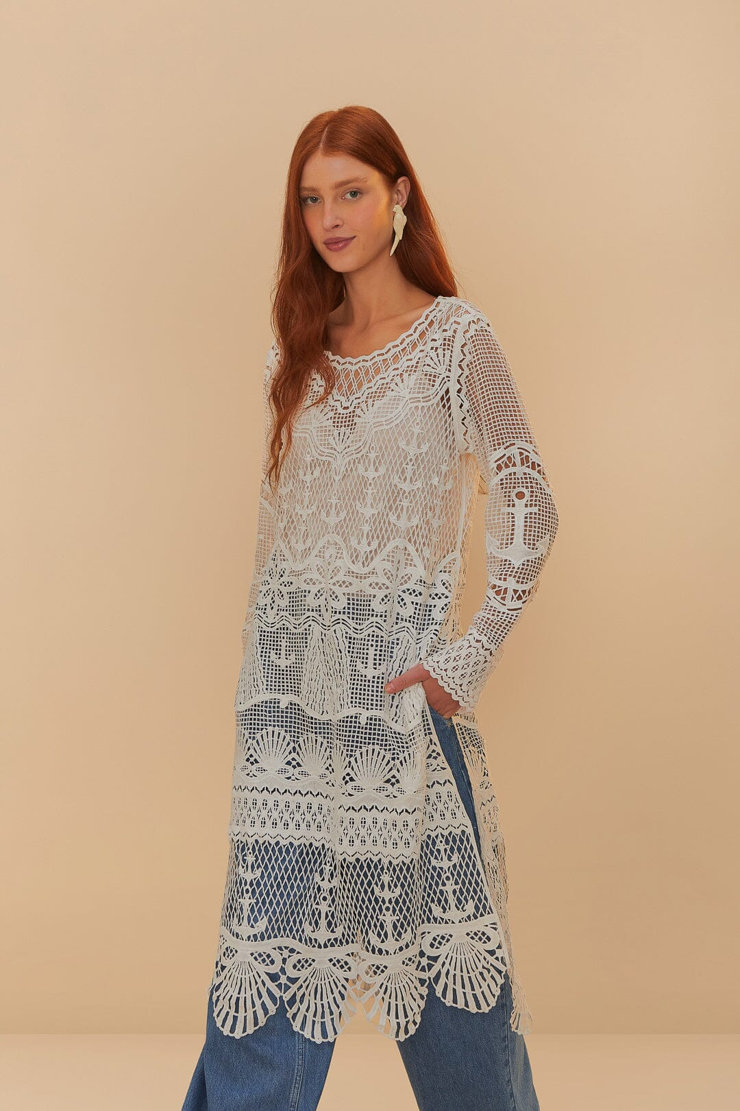 Off-White Nautical Guipure Long Sleeve Midi Dress - 2