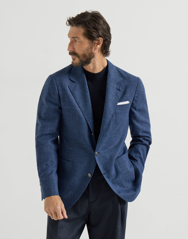 Wool, silk and linen Prince of Wales deconstructed blazer with patch pockets and metal buttons 2