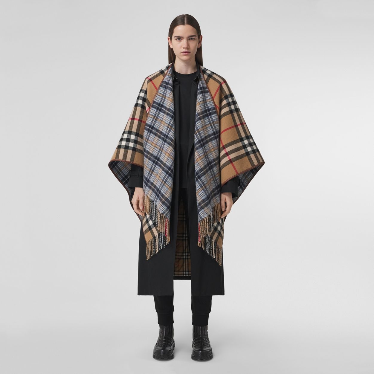 Reversible Check Wool Cape - 1