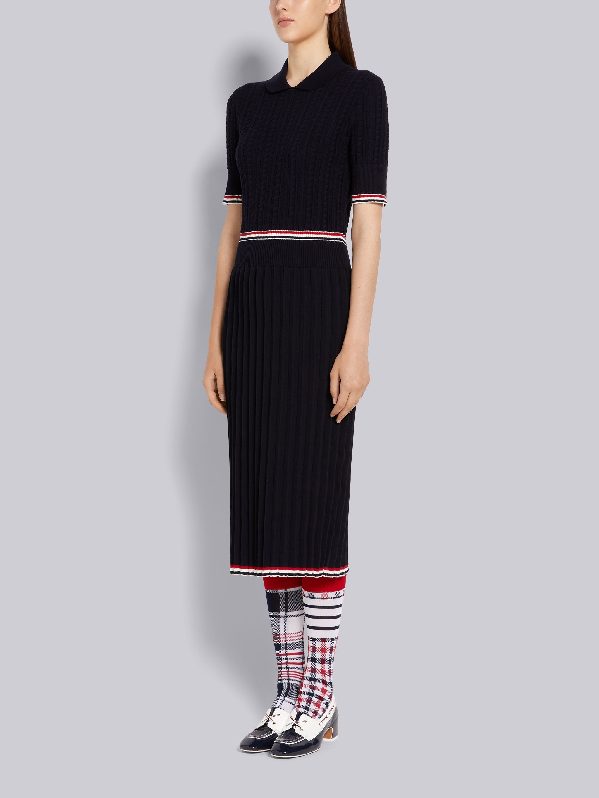 Navy Cable Texture Overtwisted Cotton Stripe Framing and Waistband Pleated Below the Knee Polo Dress - 2