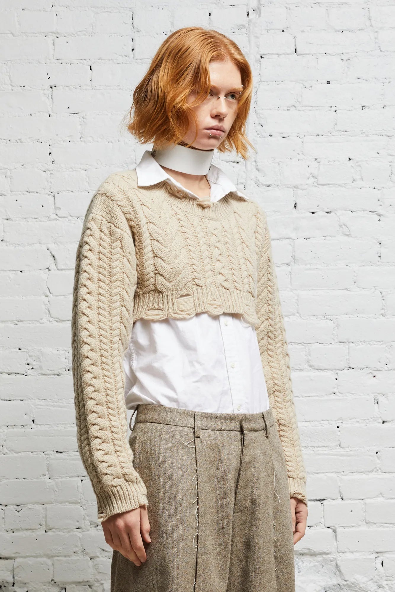 CROPPED CABLE SWEATER - OATMEAL - 1