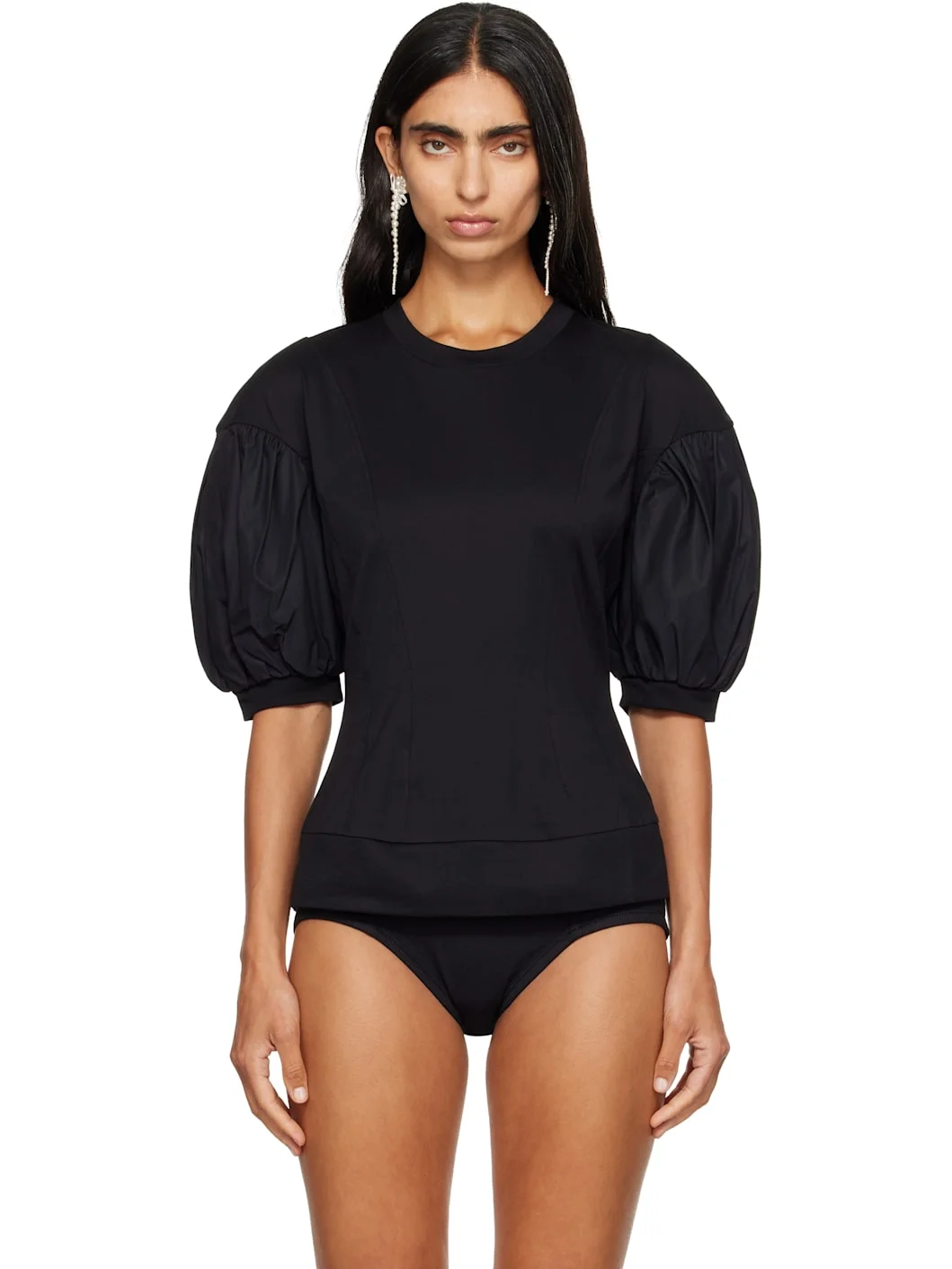Black Puff Sleeve Sculpted Contrast T-shirt - 1