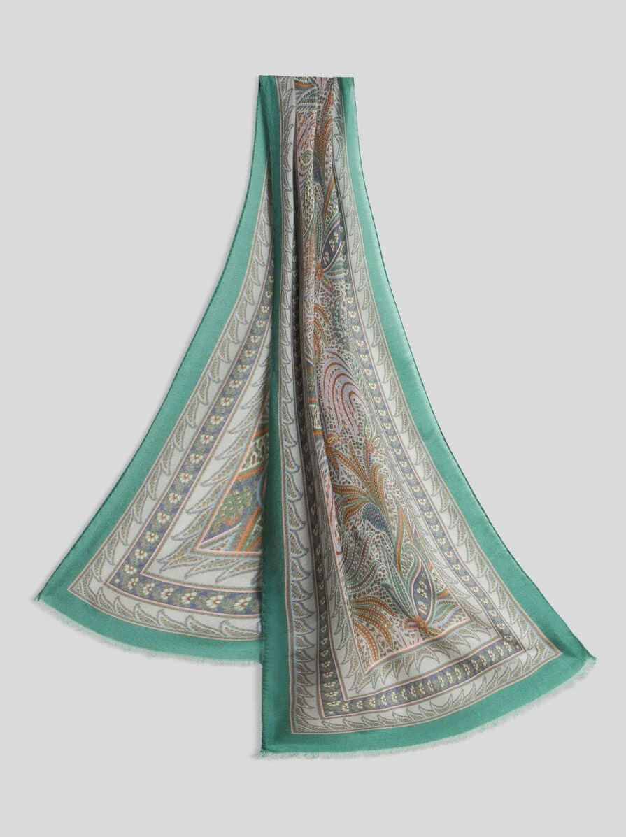 FRINGED SCARF WITH FOLIAGE MOTIF - 1