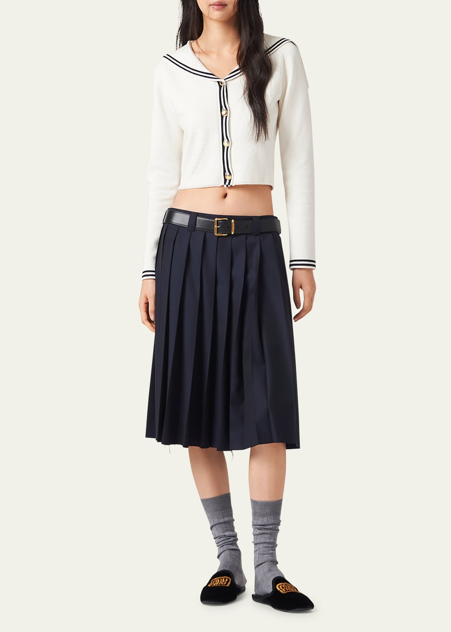 Piped Sailor Collar Cropped Cardigan - 2