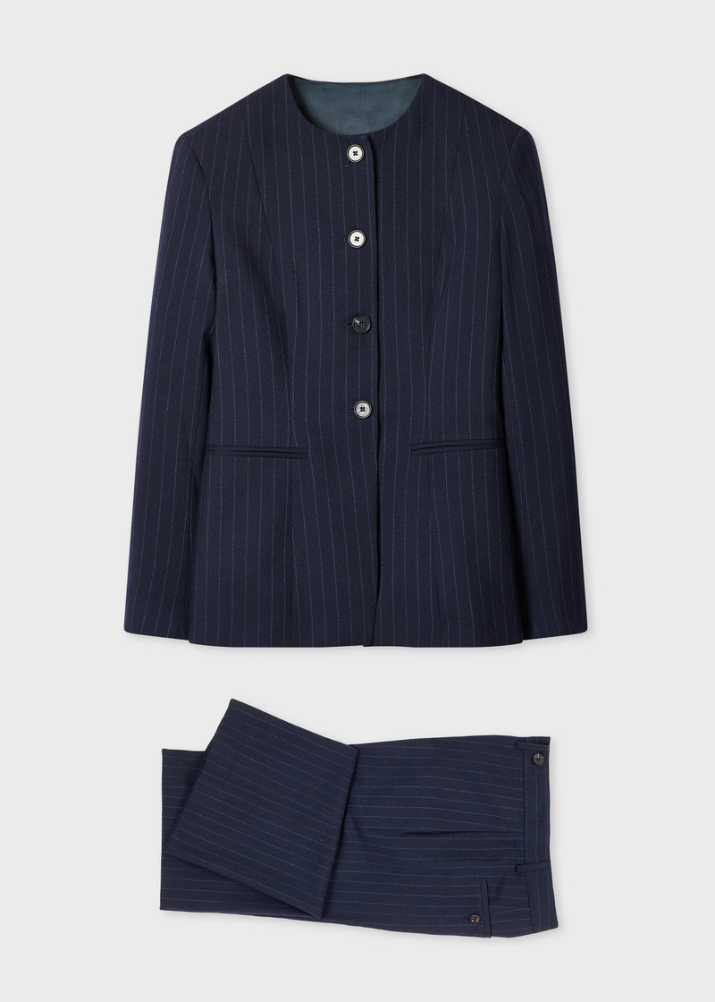 Women's Navy Stripe Collarless Suit 1