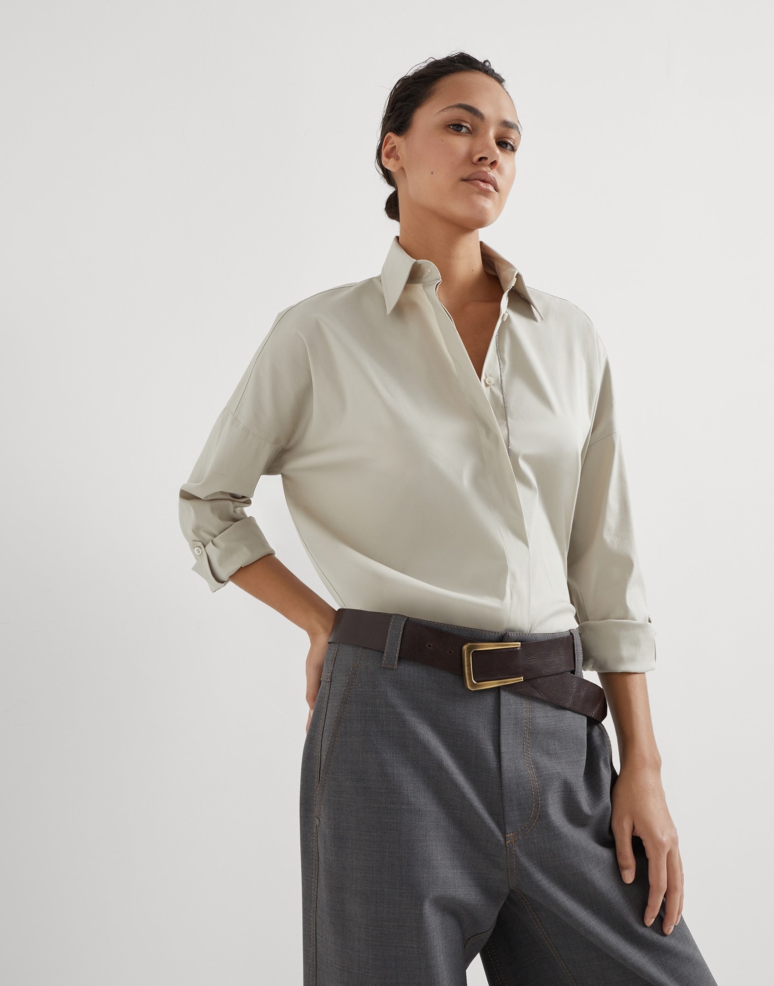 Stretch cotton poplin shirt with shiny trim - 4