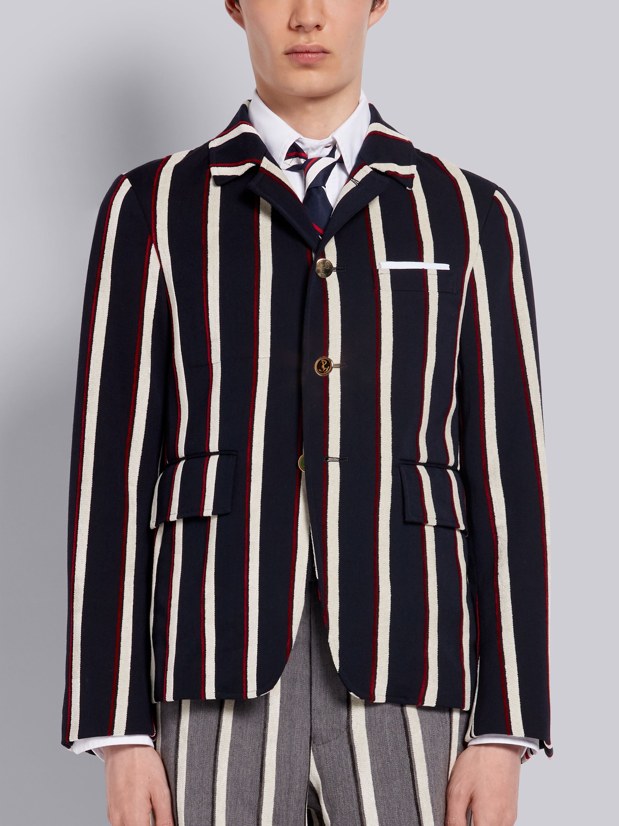 Tricolor Velvet Bold Rep Stripe Wool Cotton Suiting Cutaway Jacket - 1