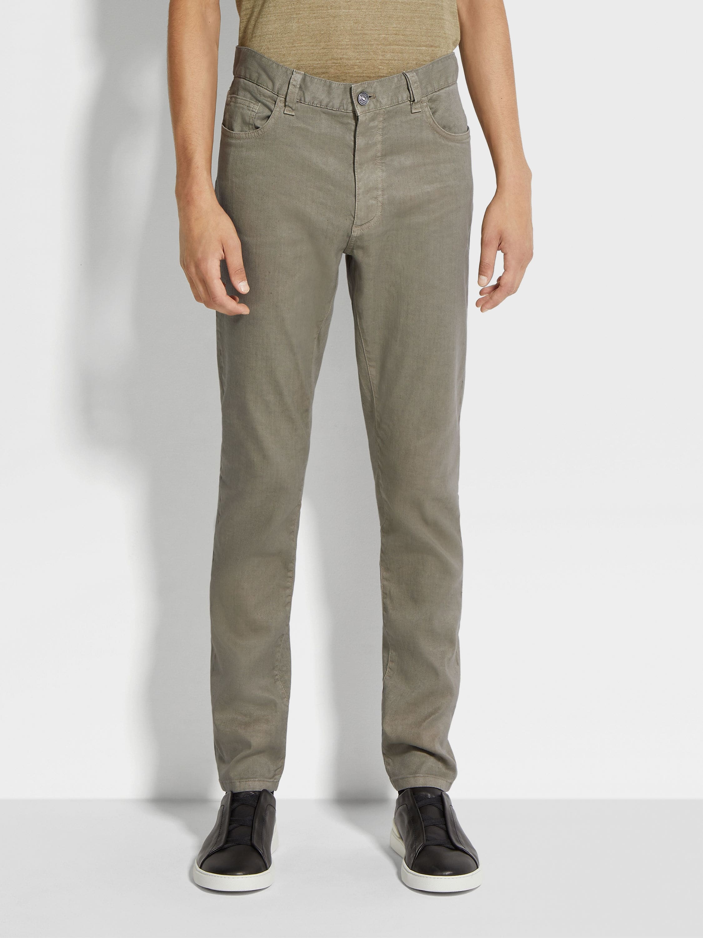 OLIVE GREEN STRETCH LINEN AND COTTON ROCCIA JEANS - 4