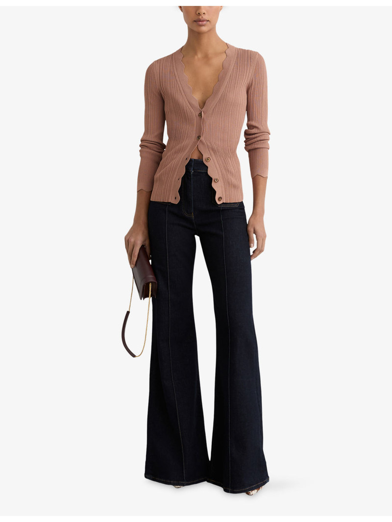 REISS Vinny Scallop-Trim Ribbed-Knit Cardigan outlook