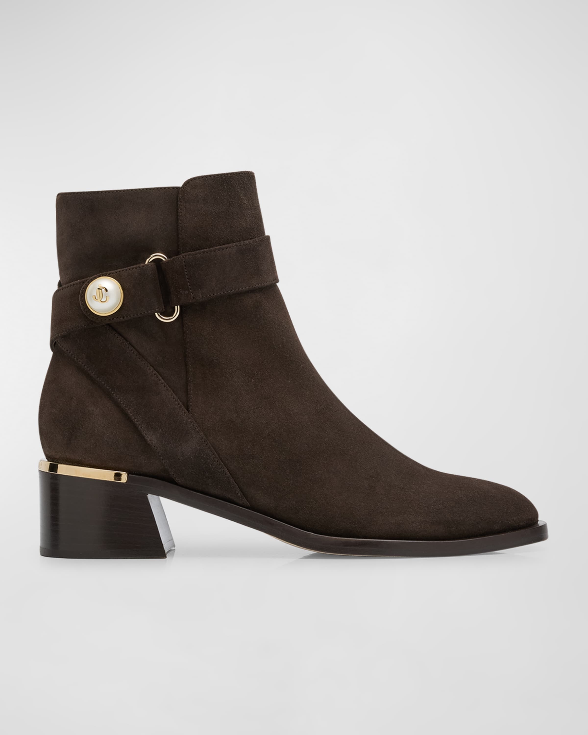 Noor Suede Pearly-Button Ankle Booties - 1