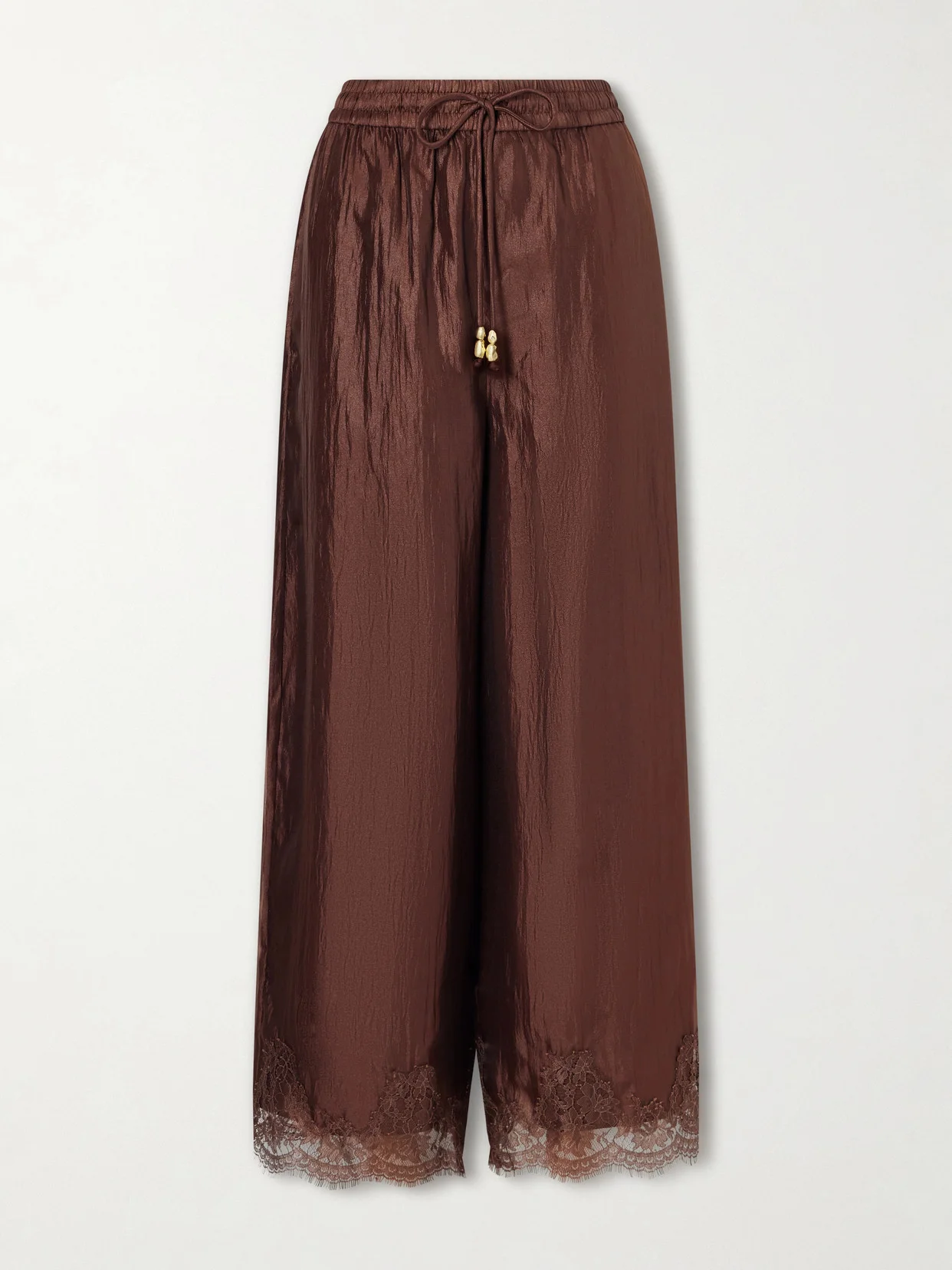 Lace Trimmed Crinkled Satin Wide-leg Pants - 1