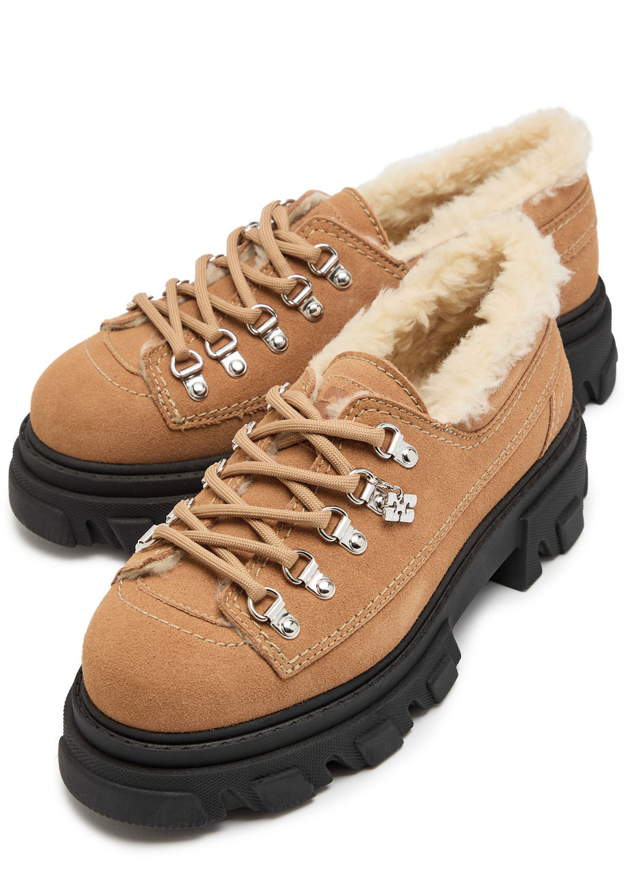 Ganni Faux Shearling-trimmed Suede Derby Shoes - 3