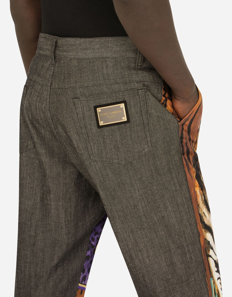 Oversize black denim and twill jeans with tiger print 5