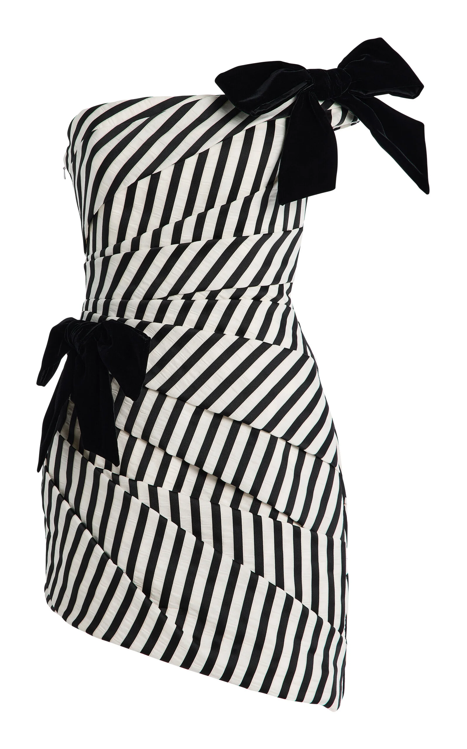 Gathered Ribbon-Striped Crinkle Jacquard Mini Dress black/white - 1