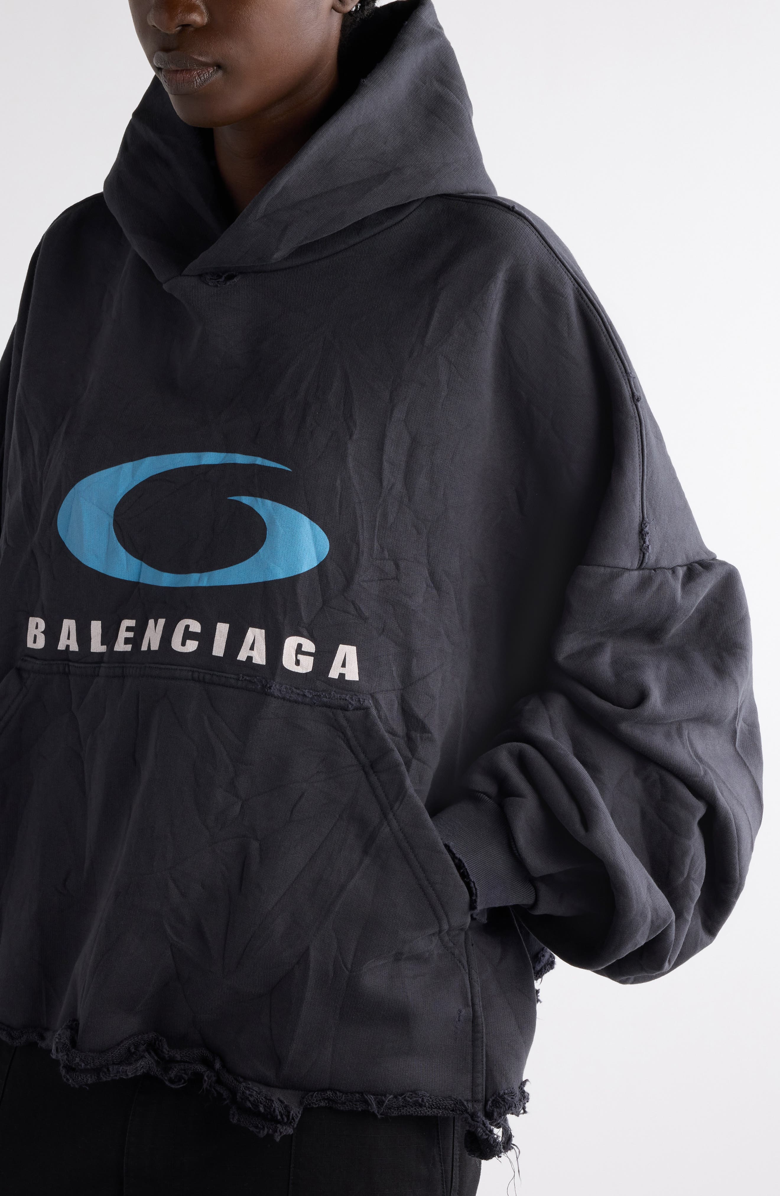 Balenciaga Logo Distressed Crop Graphic Hoodie in Washed Black/Blue at Nordstrom - 5