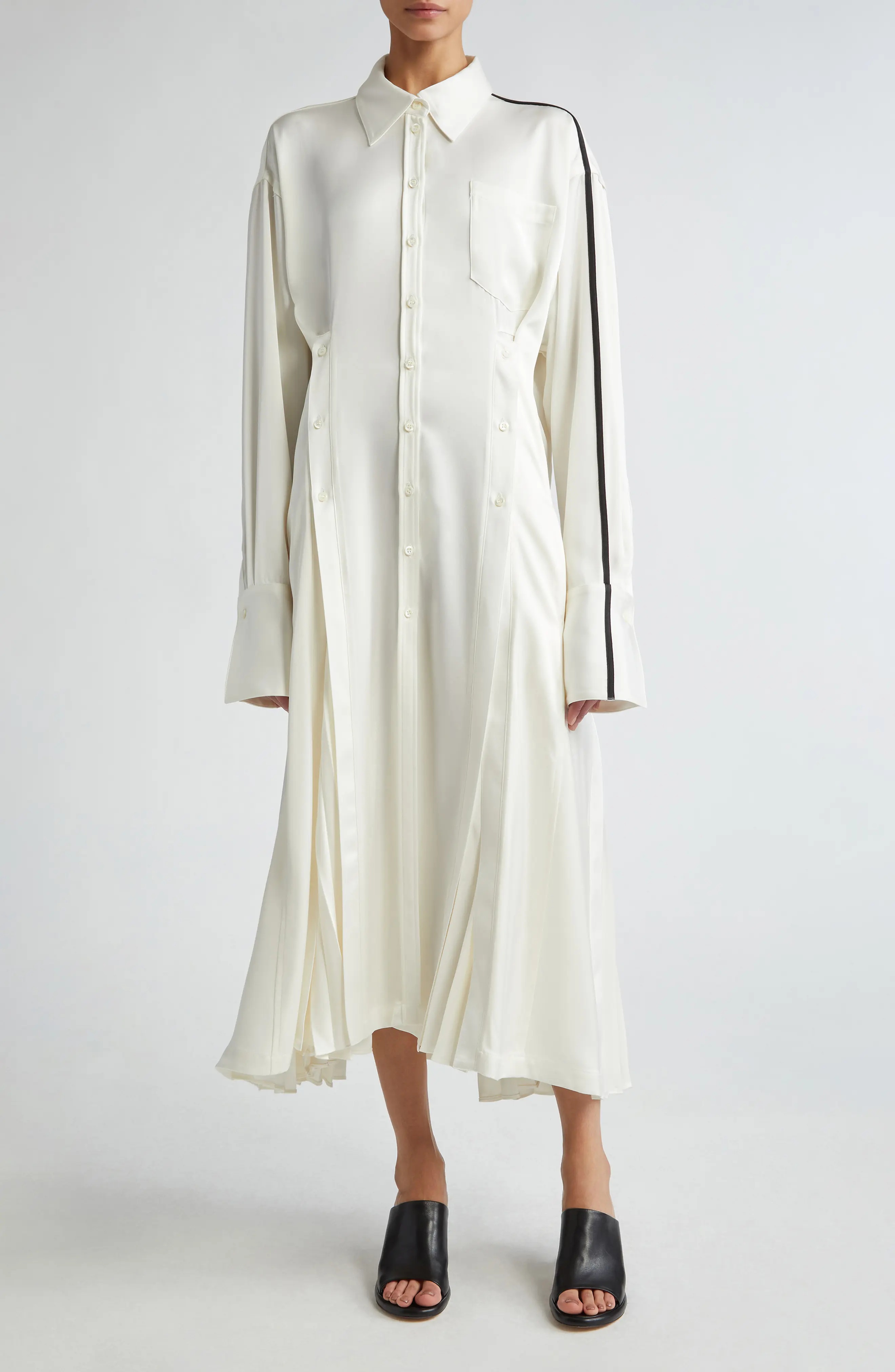 Pleated Long Sleeve Satin Shirtdress - 1