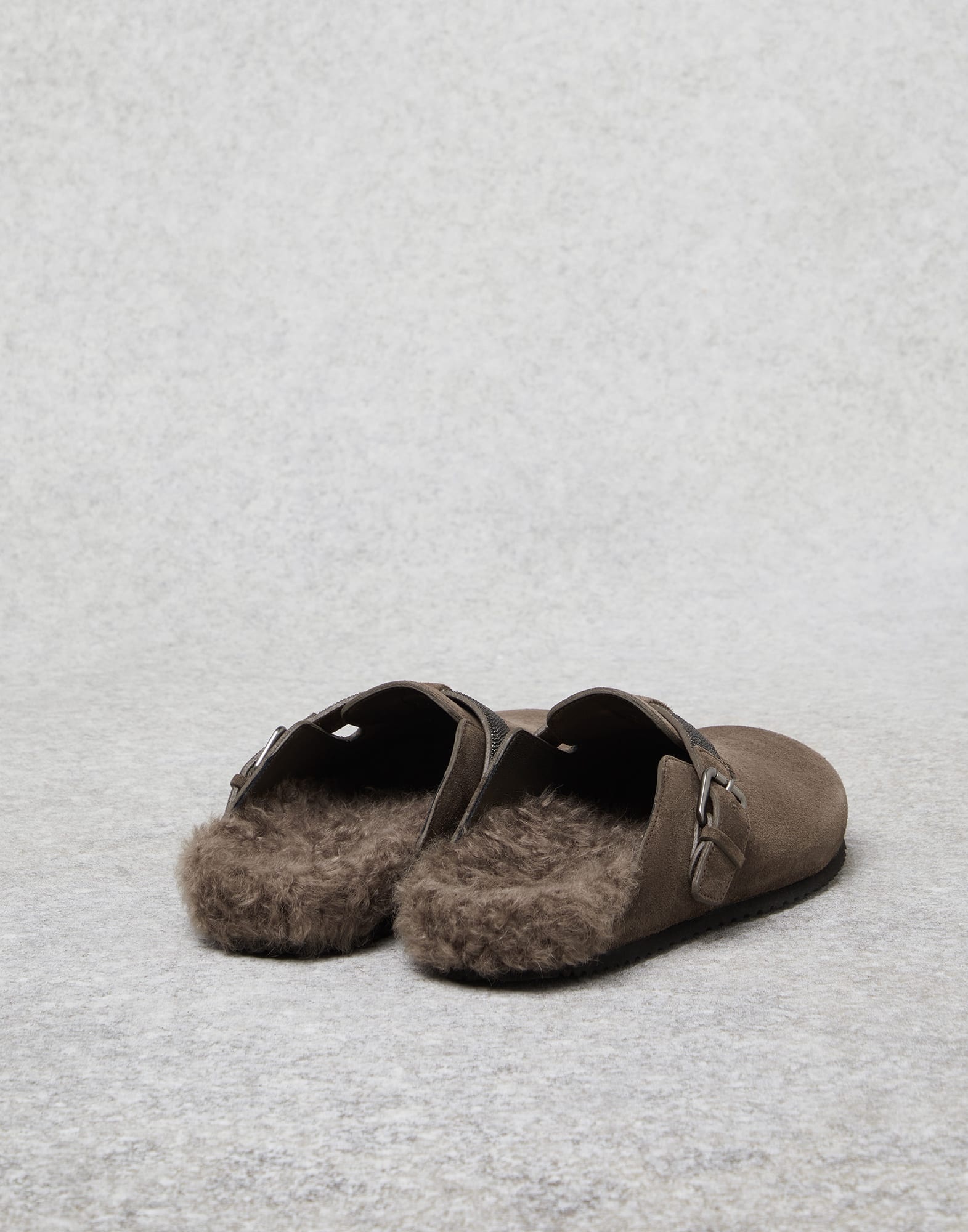 Suede clogs with shearling lining and precious strap - 2
