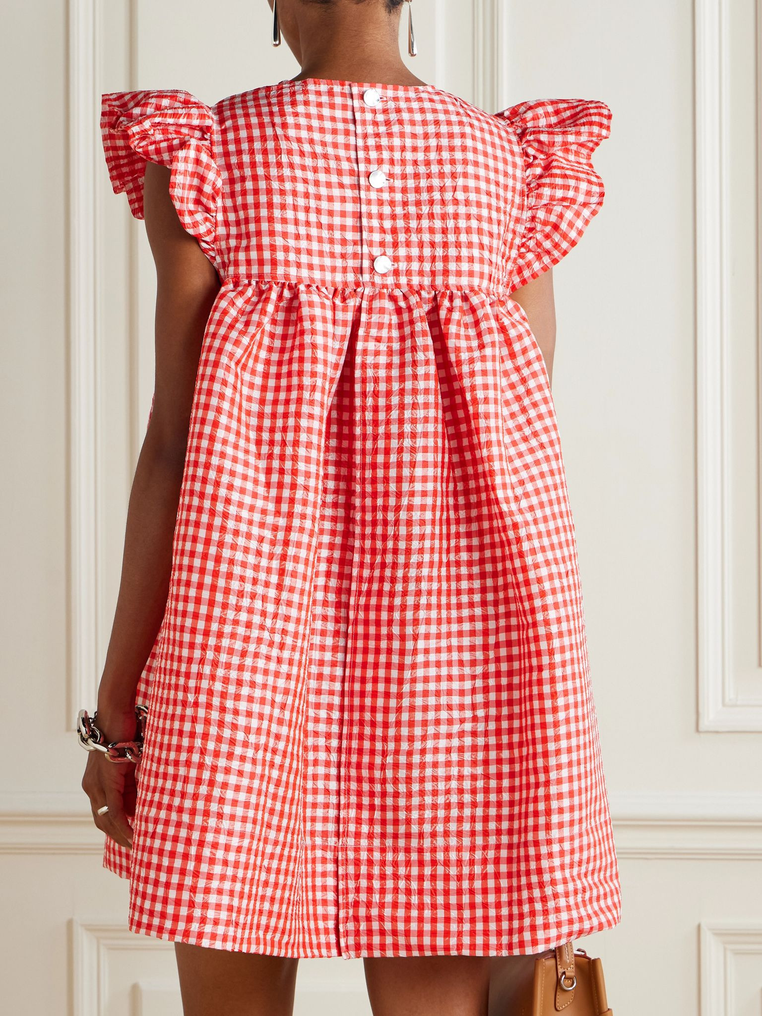 Ruffled gingham crinkled-taffeta mini dress Red - 3