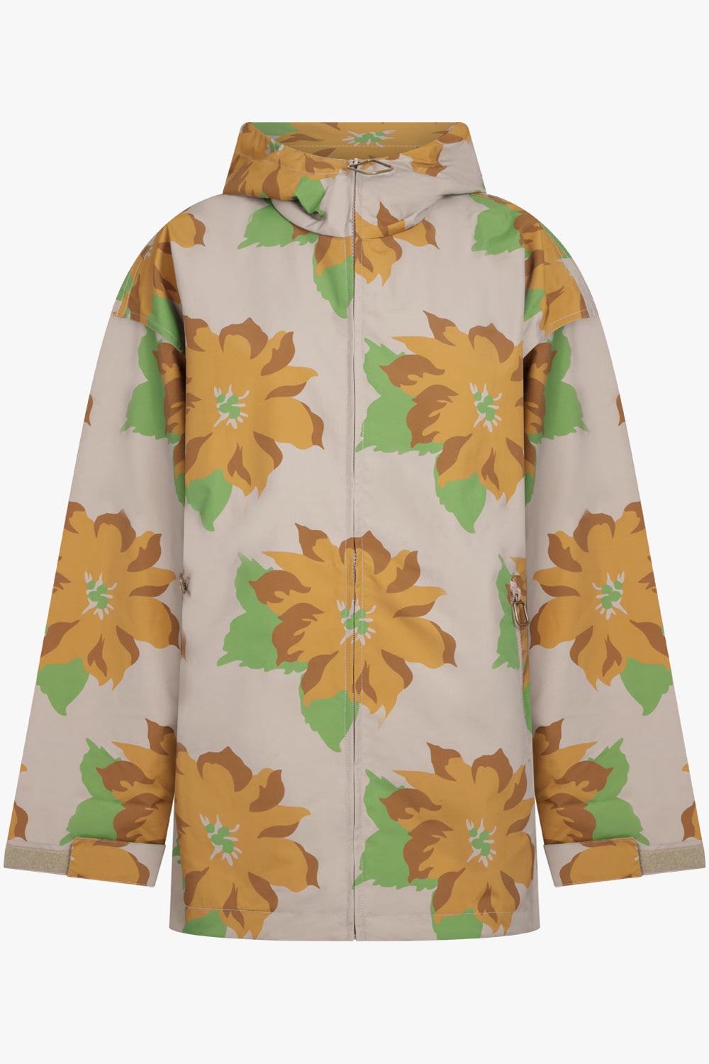 ZIP FRONT HOODED FLORAL PRINT JACKET | ORANGE/GREEN - 1