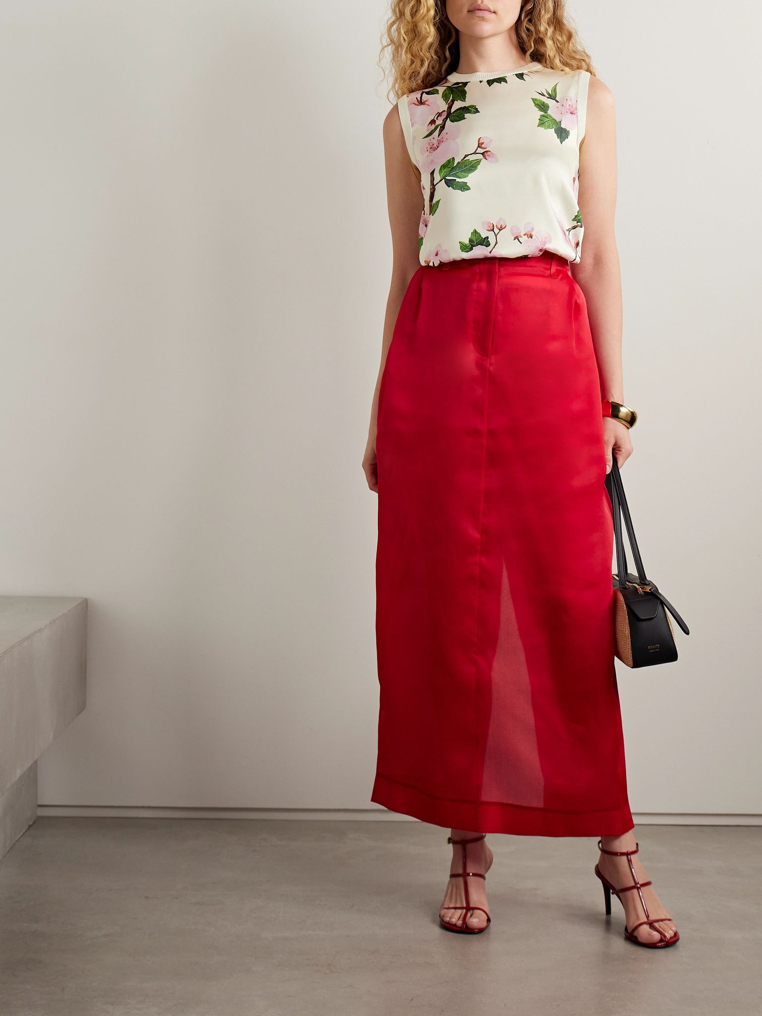 Paneled knitted and floral-print silk-blend twill tank Ecru - 2