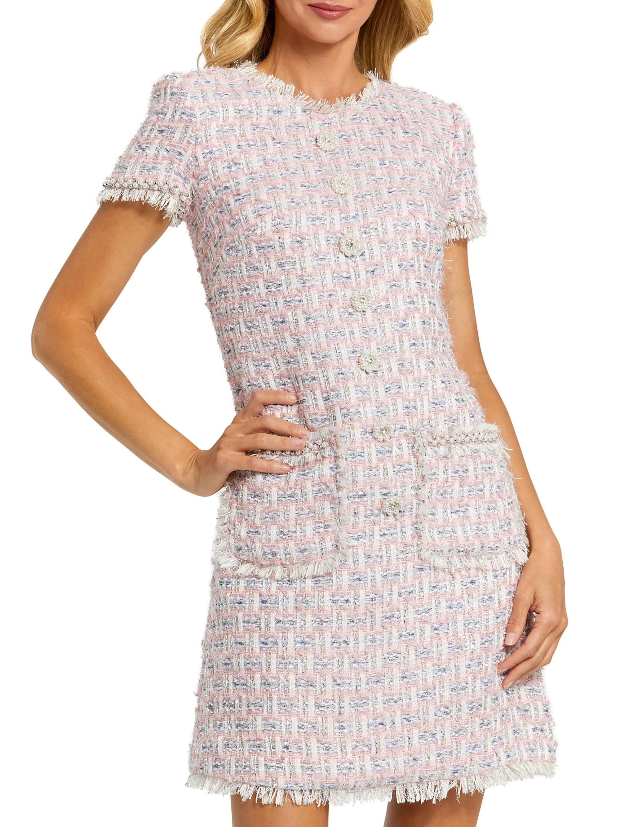 Women's Floral Beaded Tweed Dress - Pink Multi - 1