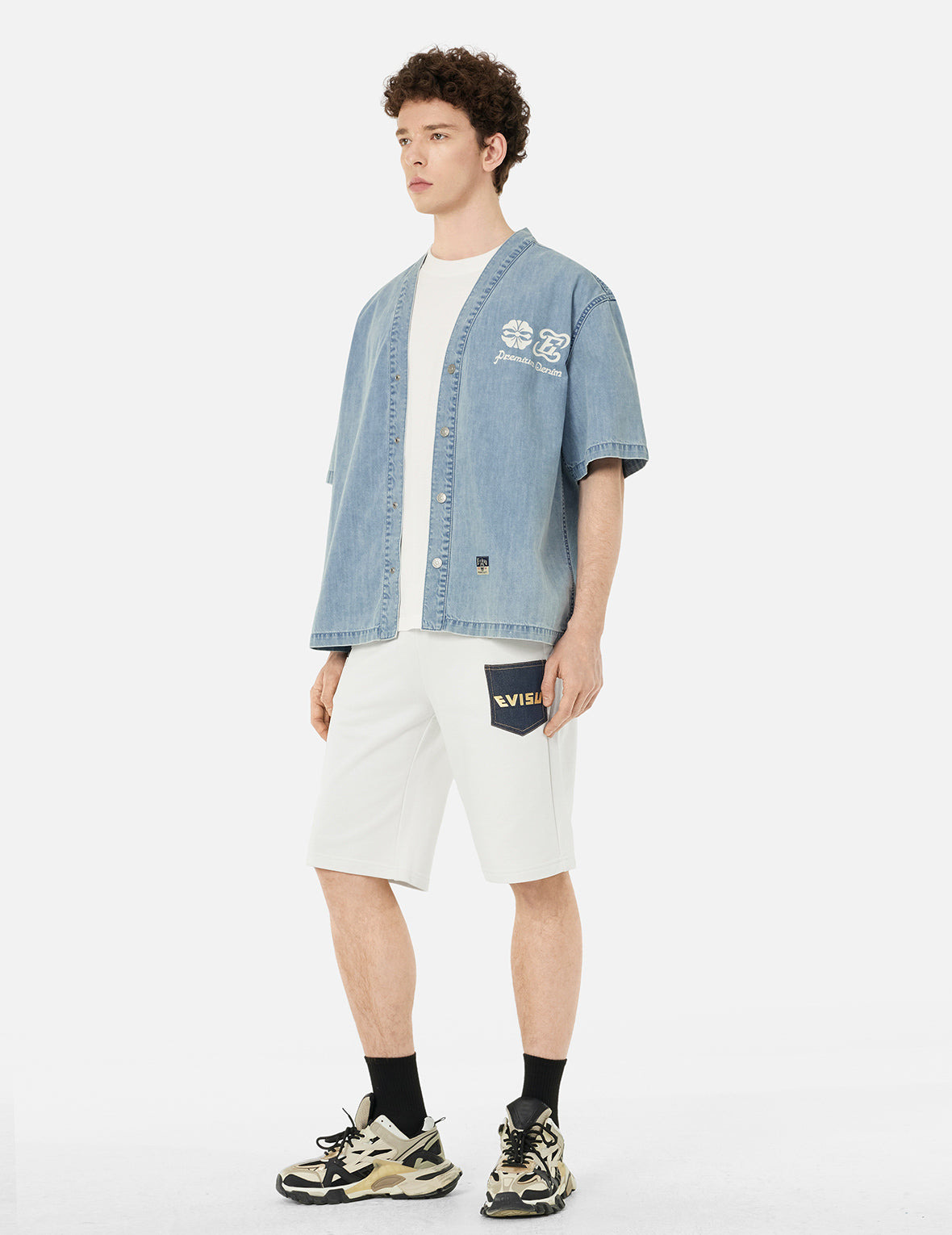 Hakutaku and Logo Print Fashion Fit Denim Baseball Shirt - 3