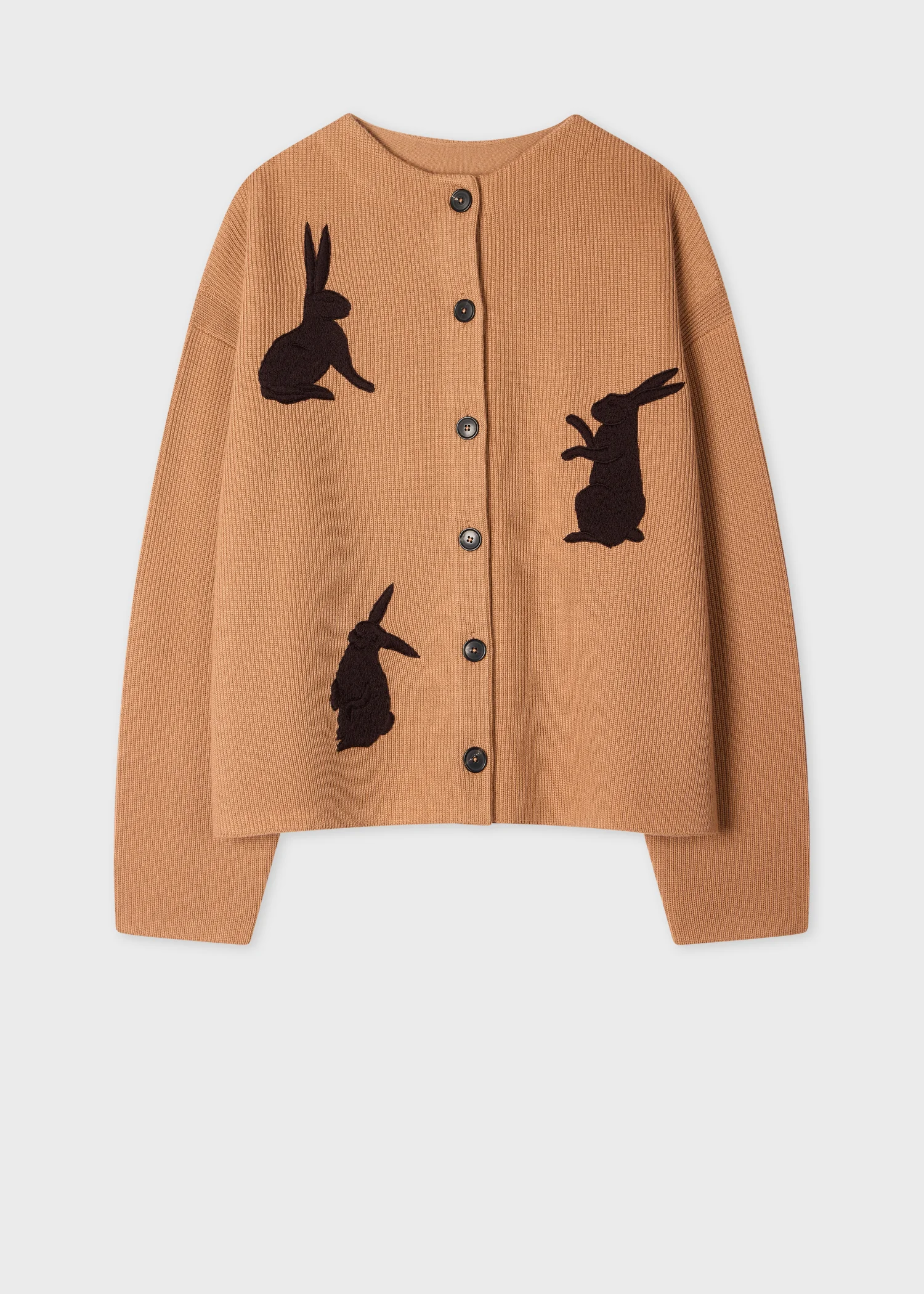 Women's Tan 'Rabbit' Embroidery Merino Wool Cardigan - 1