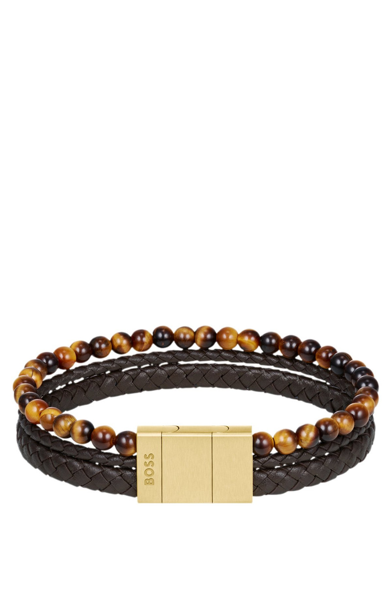 BOSS CUFF WITH BEADS AND BRAIDED BROWN LEATHER outlook