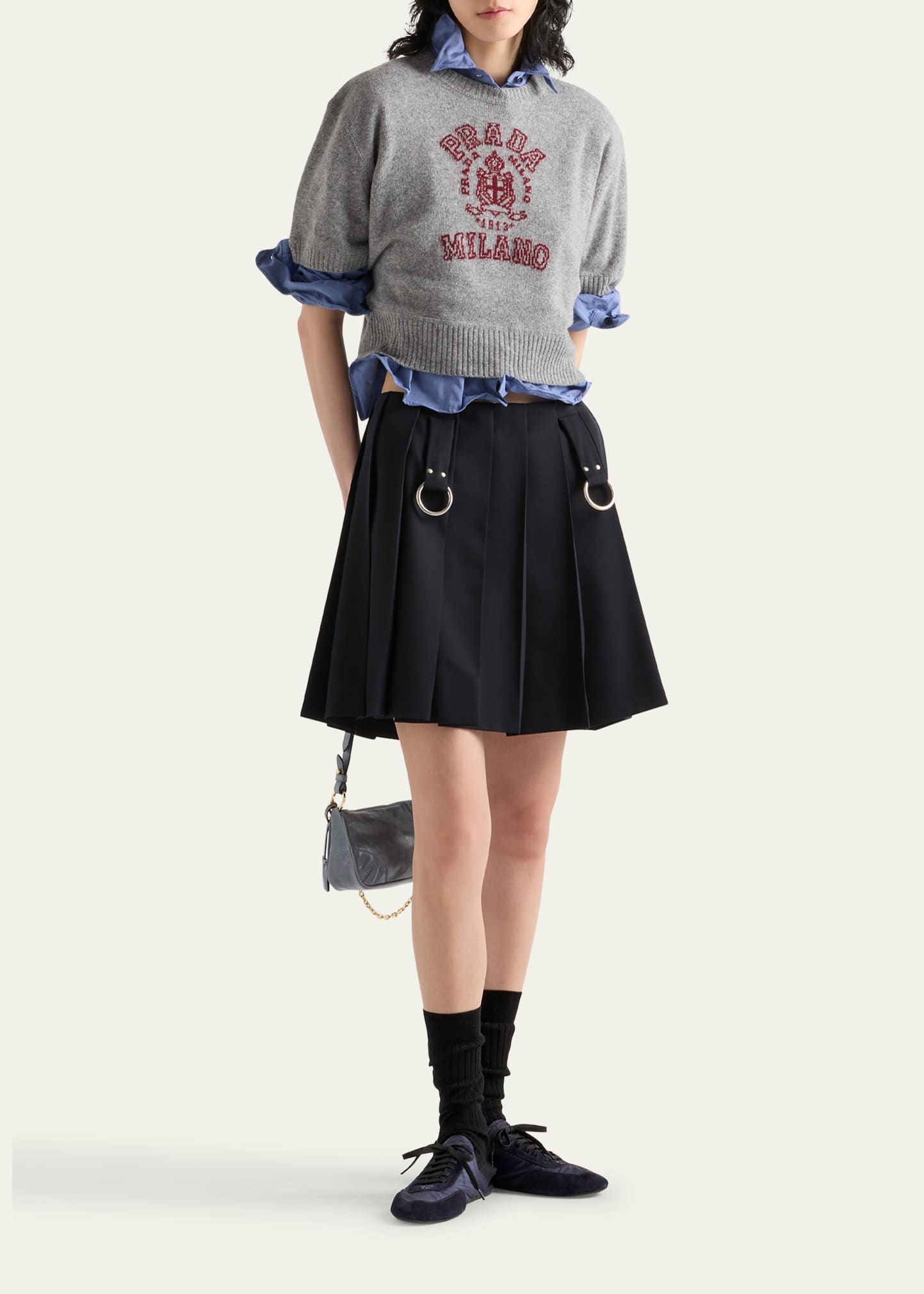 Pleated Metal Ring Mini Wool Skirt - 2