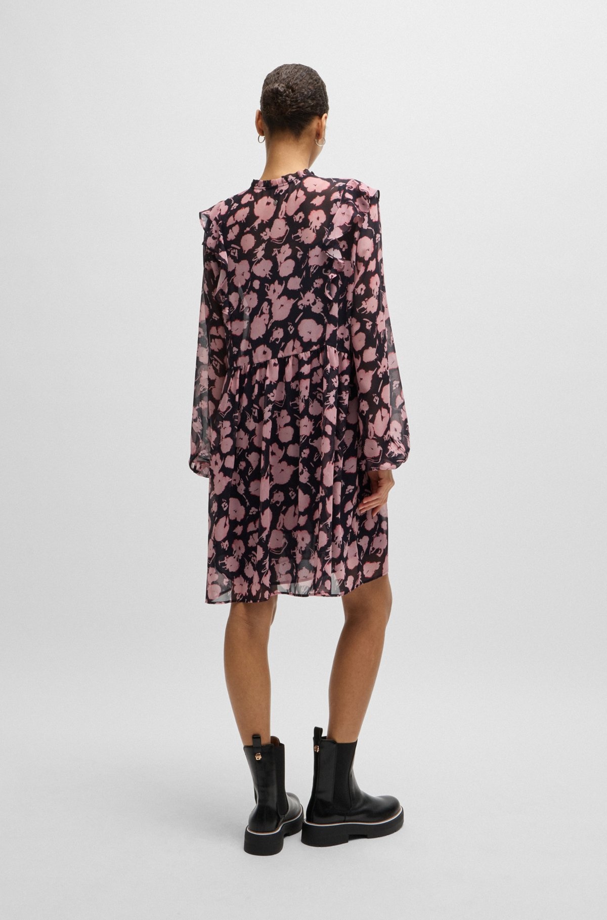 PRINTED DRESS WITH RUFFLE TRIMS AND BUTTON CUFFS - 4