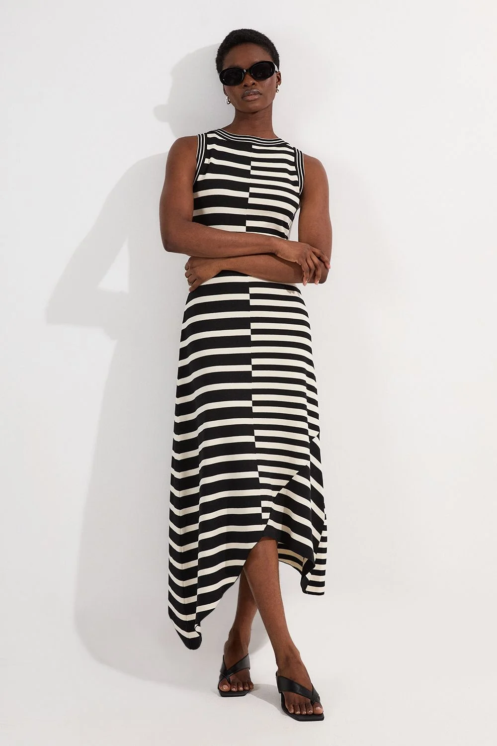Tall Asymmetric Hem Cut About Stripe Sleeveless Knitted Midi Dress - 1