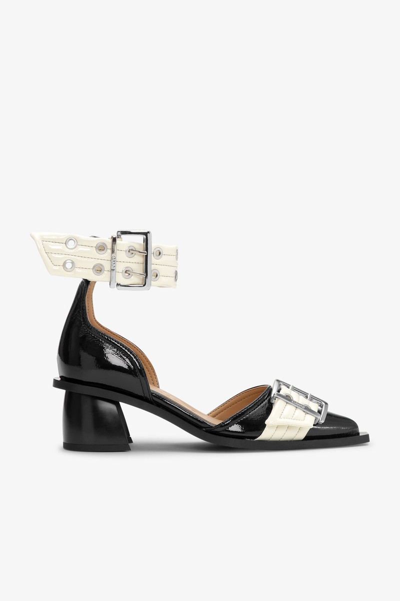 BLACK AND OFF-WHITE FEMININE BUCKLE OPEN CUT PUMPS 1