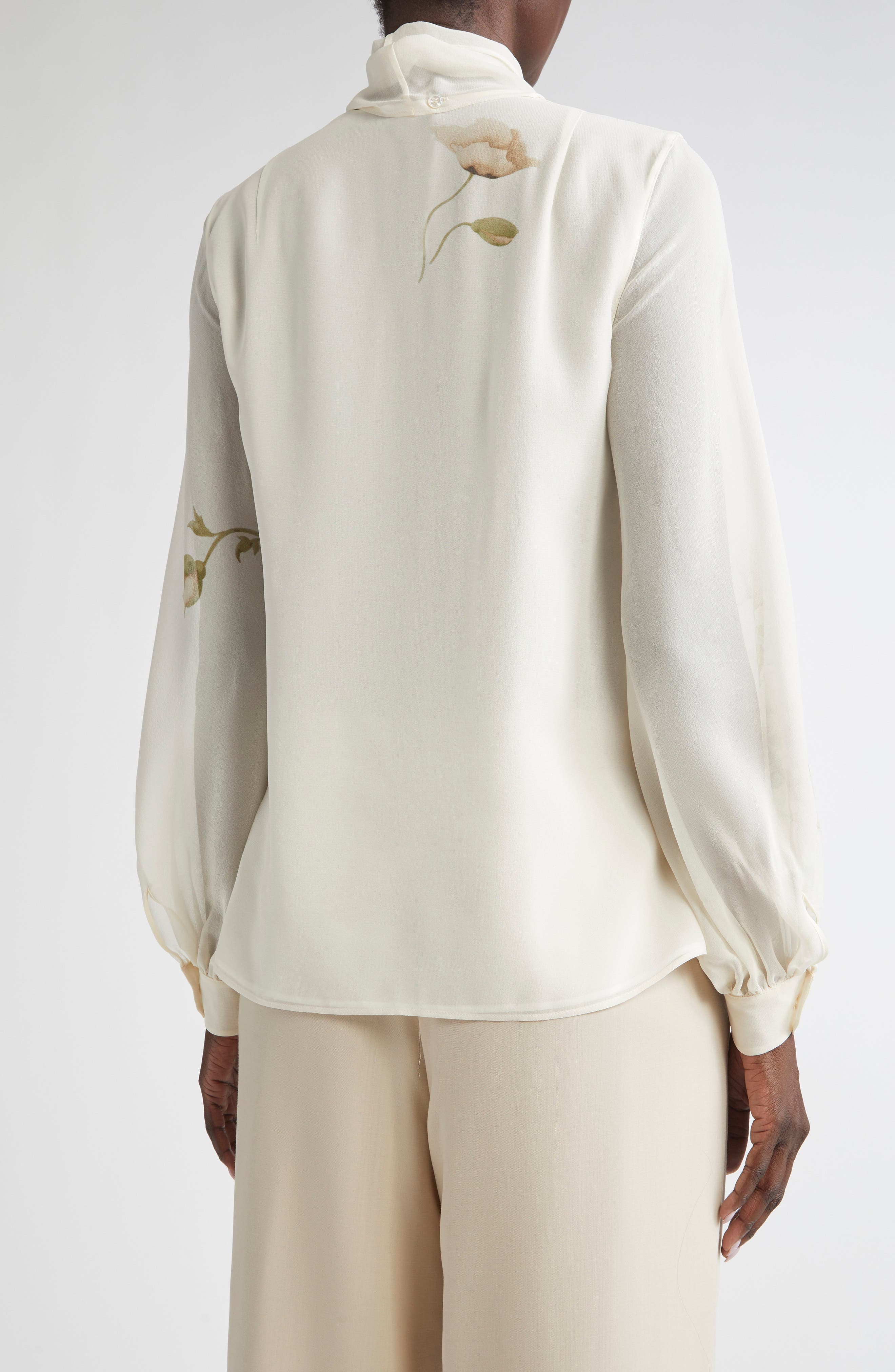 Akris Anemone Print Silk Georgette Tie Neck Shirt in Greige-Ecru at Nordstrom - 3