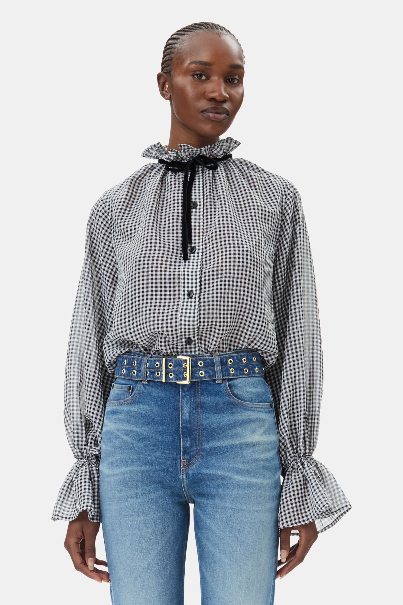 SHEER CHECK TIE STRING SHIRT - 2