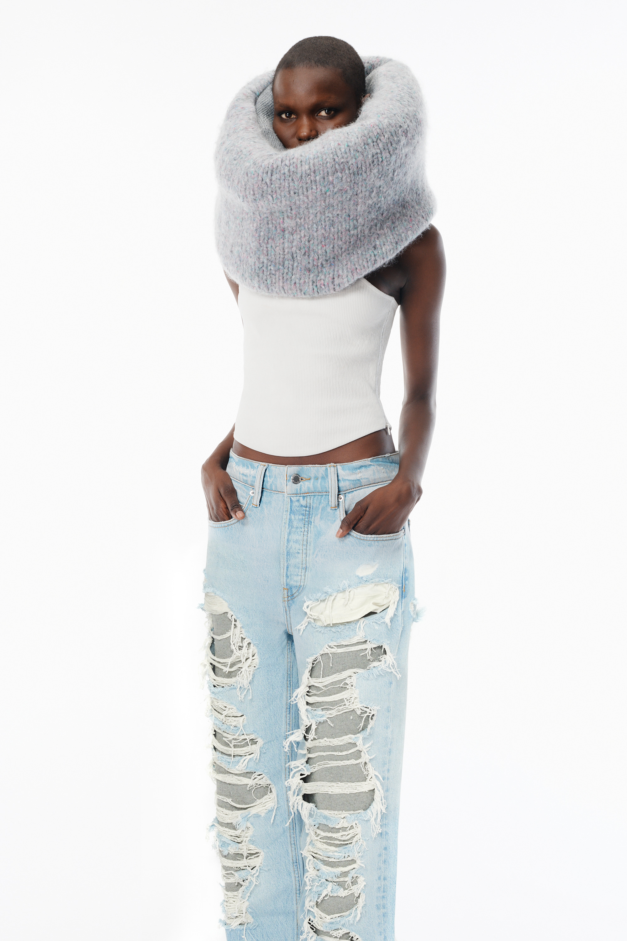 Indigo Distressed Jean with Knit Detail - 3