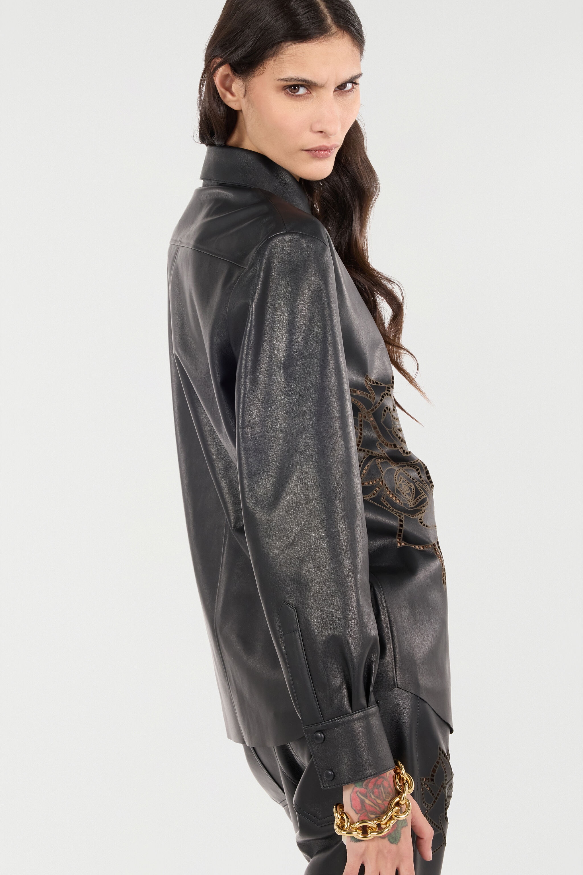 Leather Shirt With Perforated Roses - 7