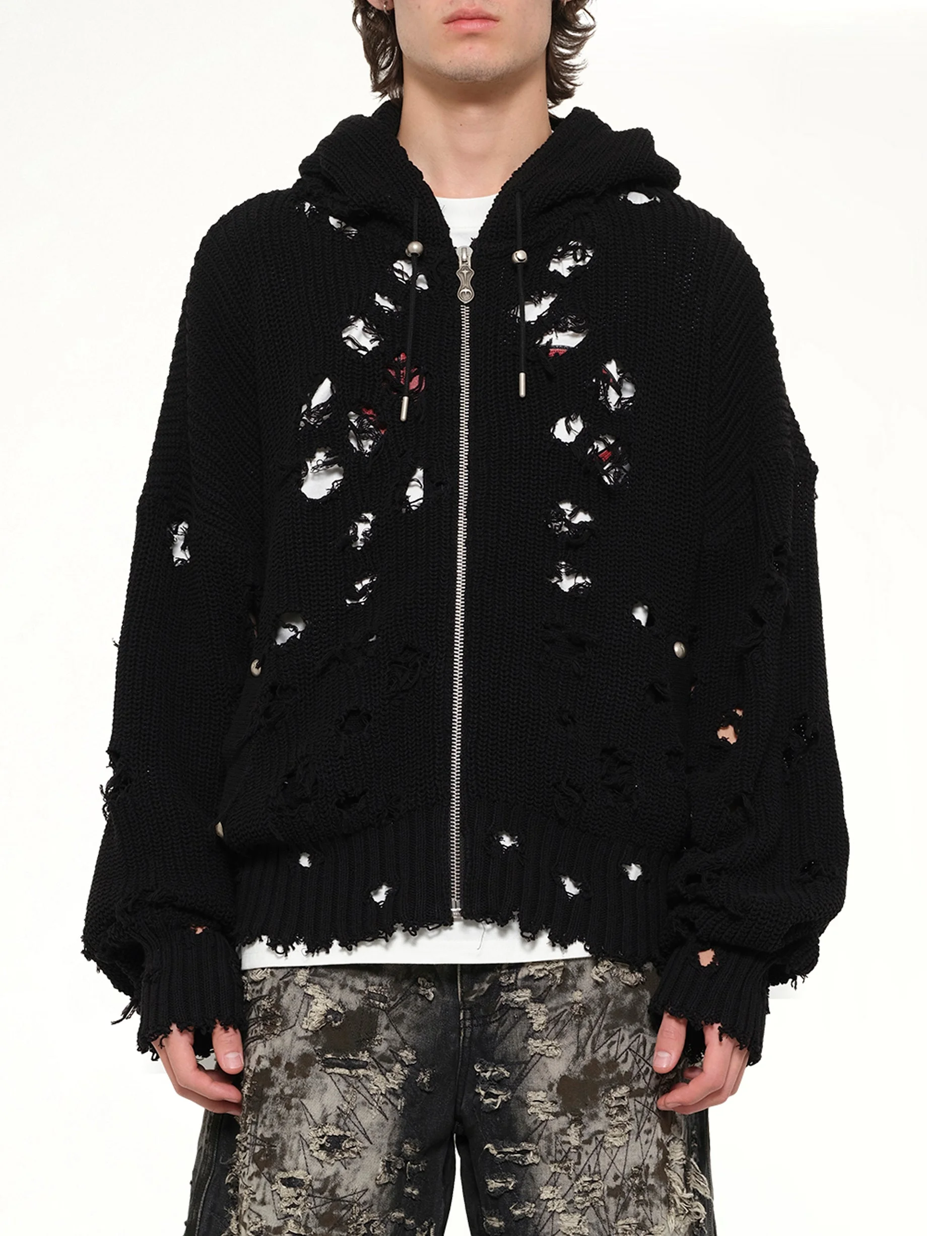TC Destroyed Knit Zip-Up Hoodie in Black - 1
