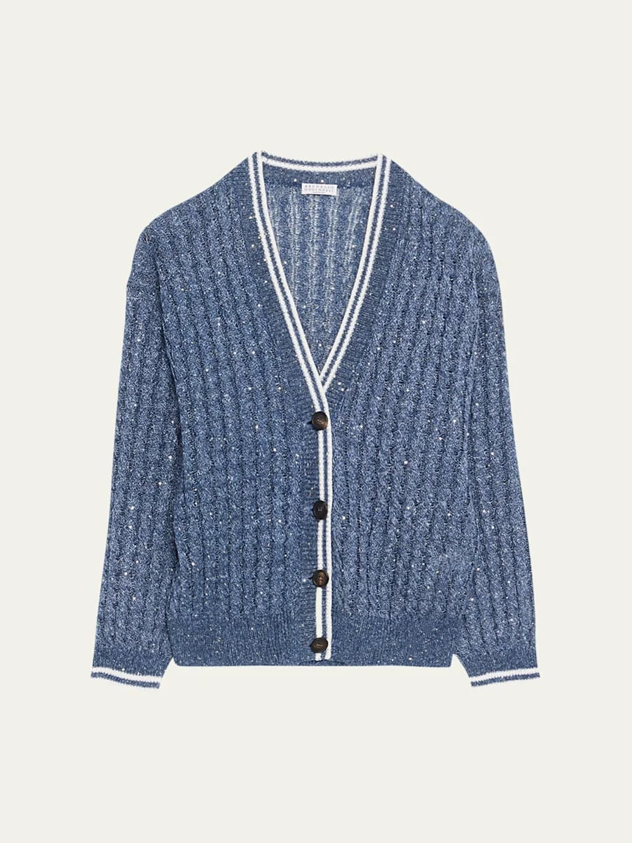 Linen Dazzling Cable Open-Knit V-Neck Cardigan - 1