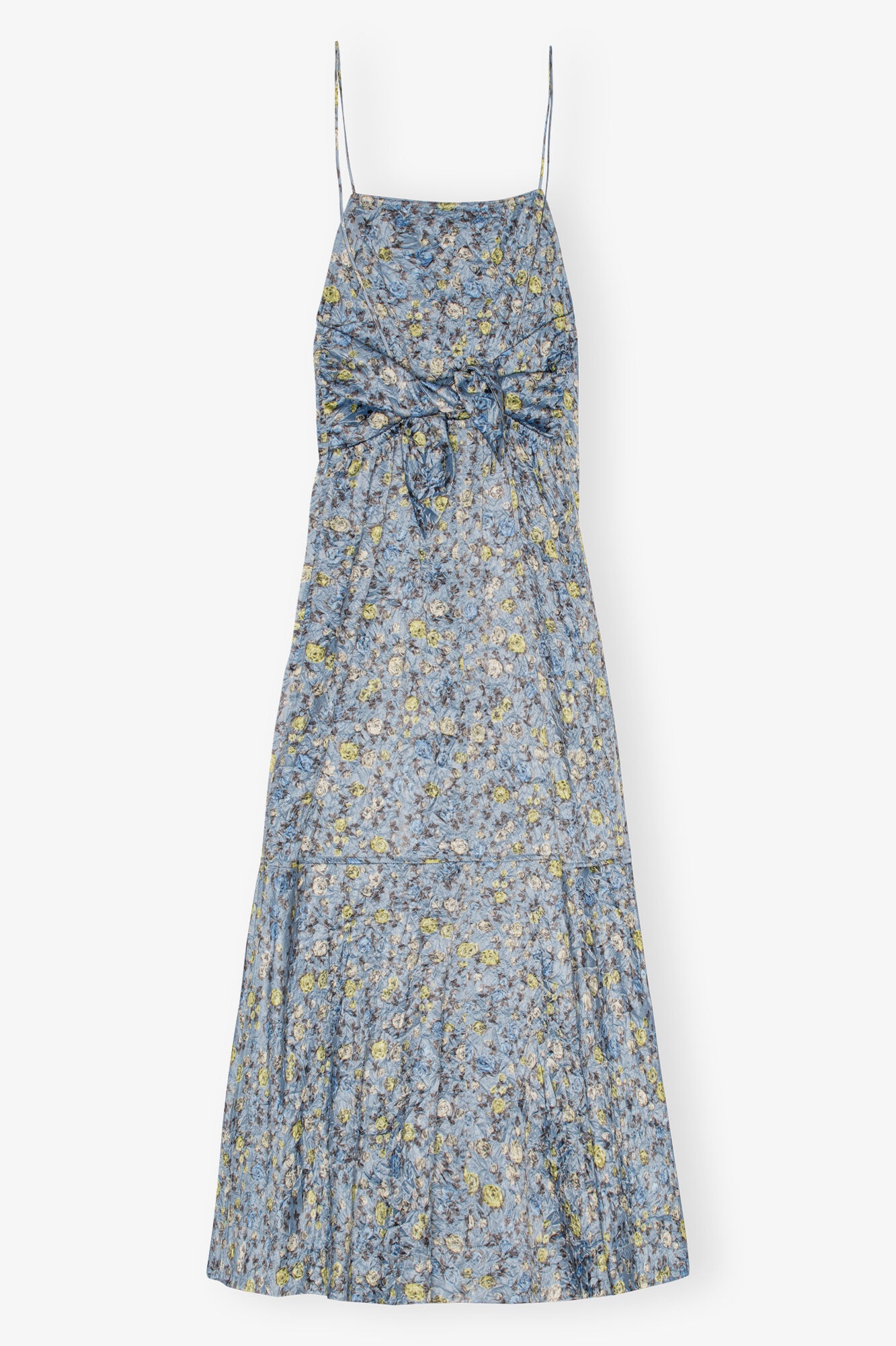 BLUE FLORAL CRINKLED SATIN LONG DRESS - 6