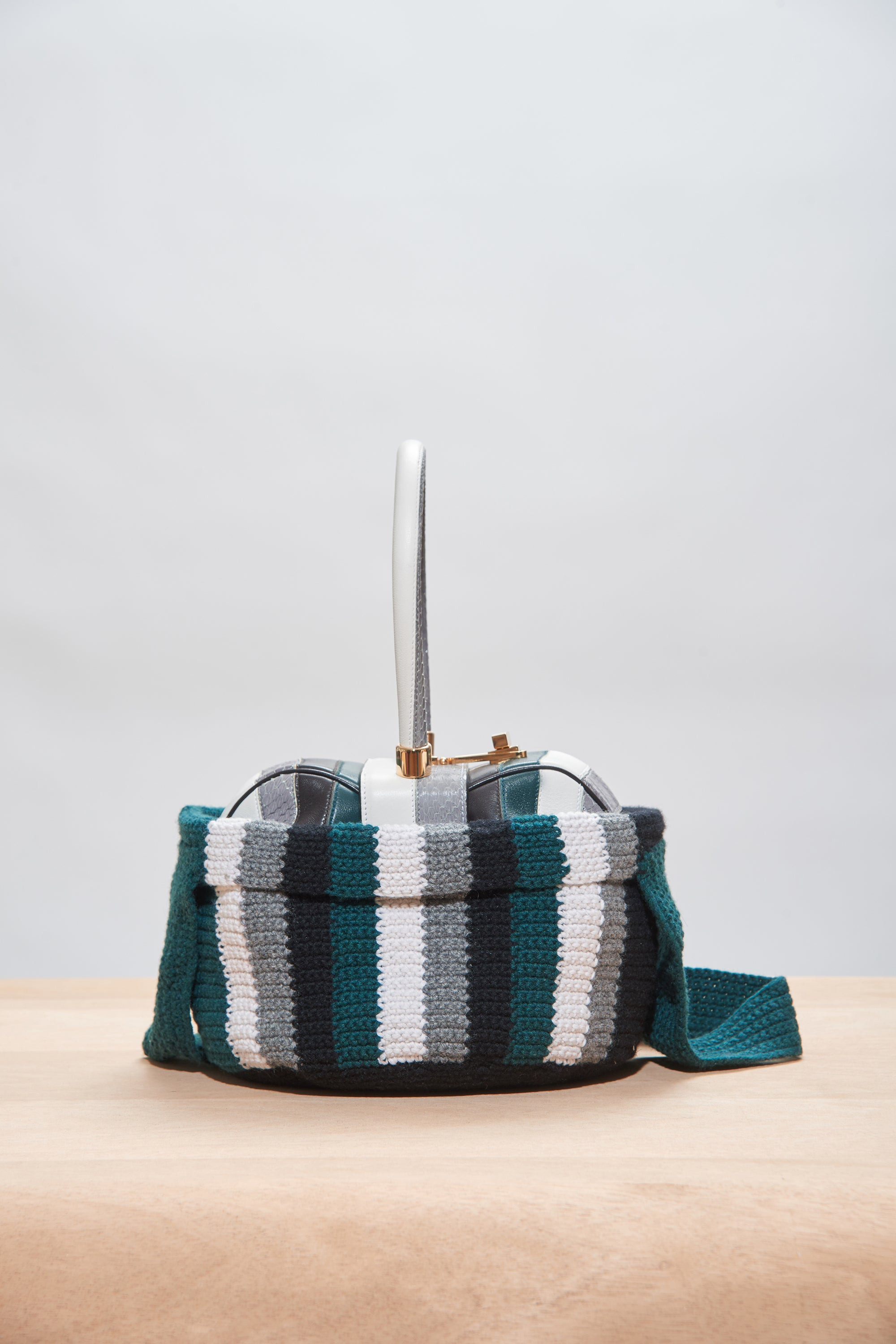 Crossover Knit Bag in Green, Ivory & Grey Cashmere - 5