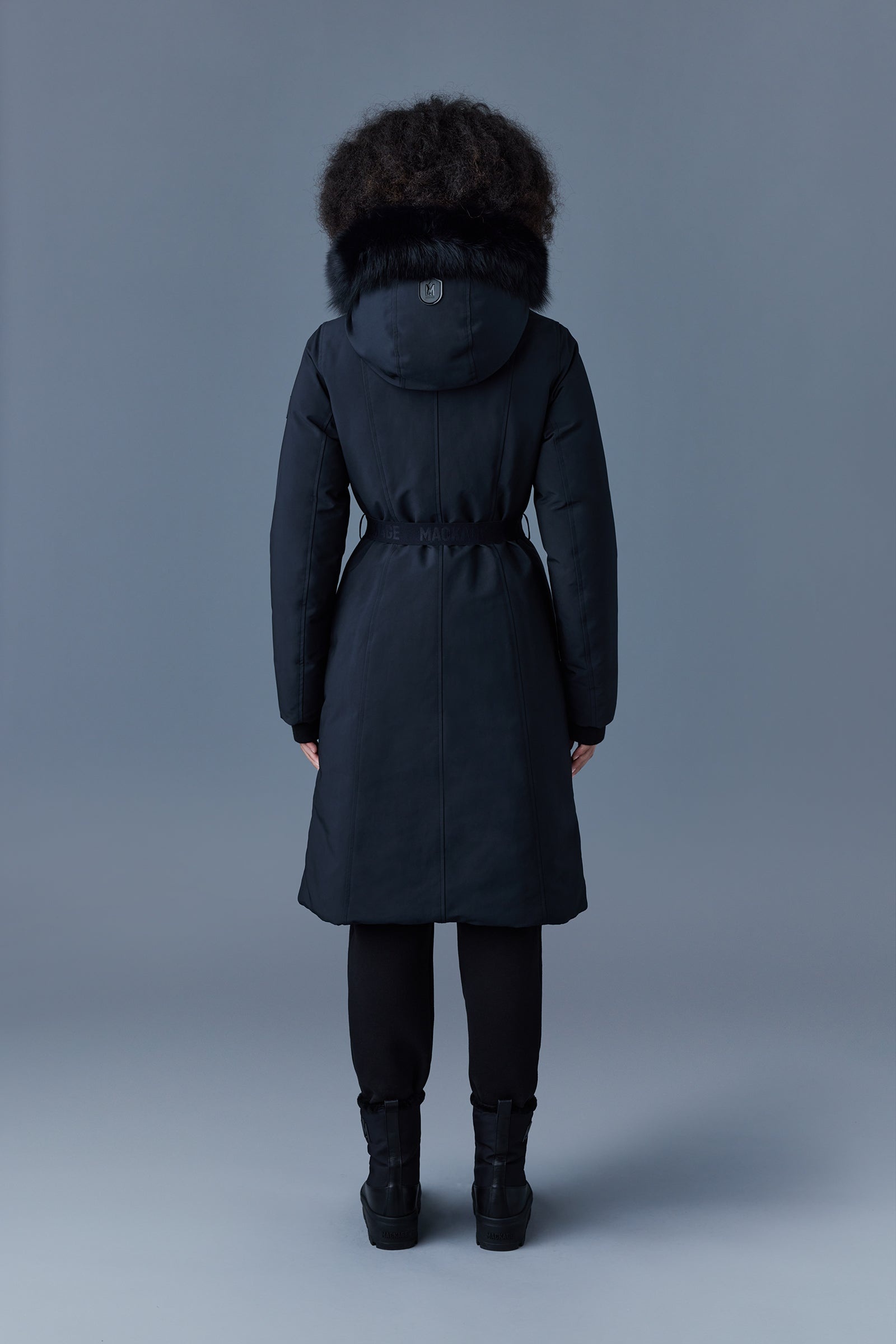 MACKAGE KAILYN flared down coat with blue fox fur hood REVERSIBLE