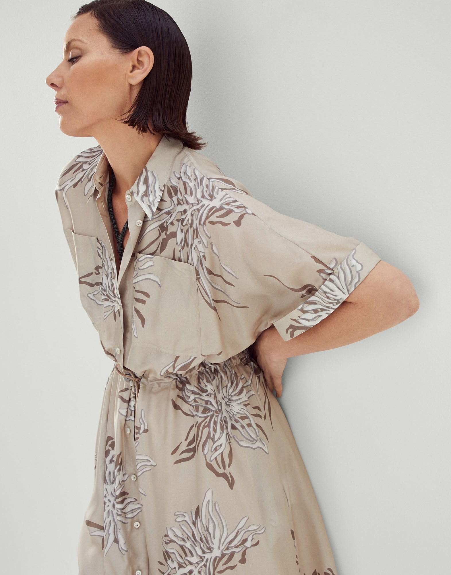 Silk marine flower pongée shirt dress with monili - 4