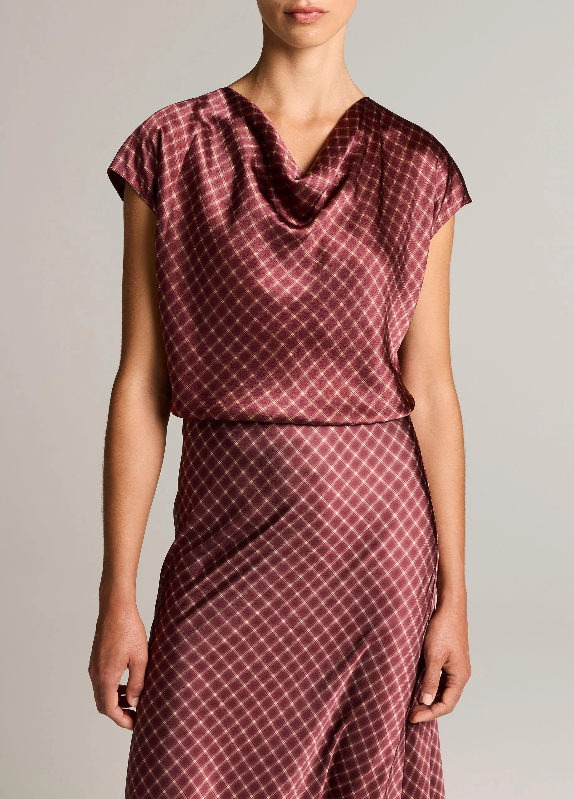 Ombré Plaid Silk Satin Cowl-Neck Blouse - 1