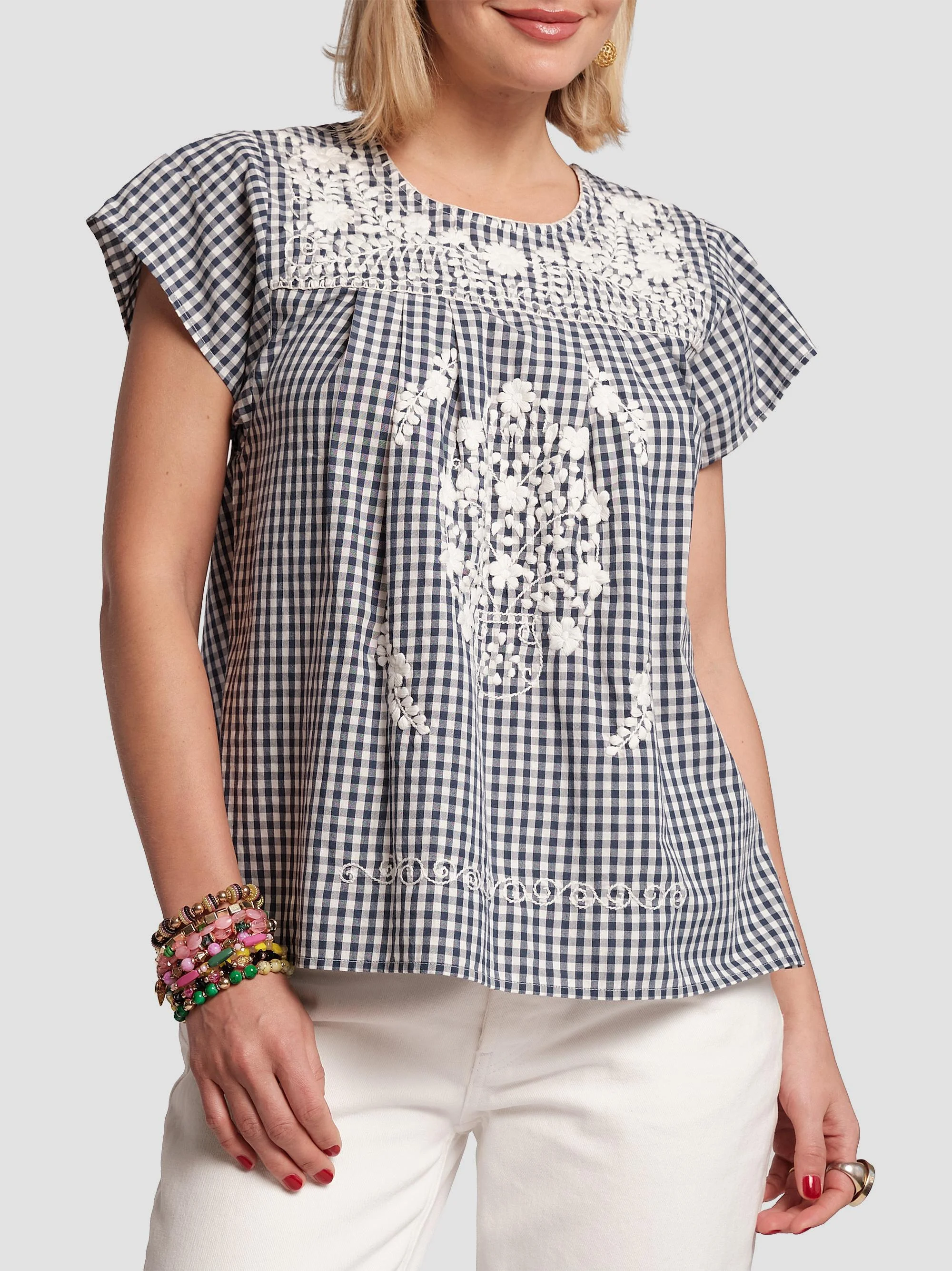 Women's Camila Embroidered Gingham Top - Navy Oyster - 1