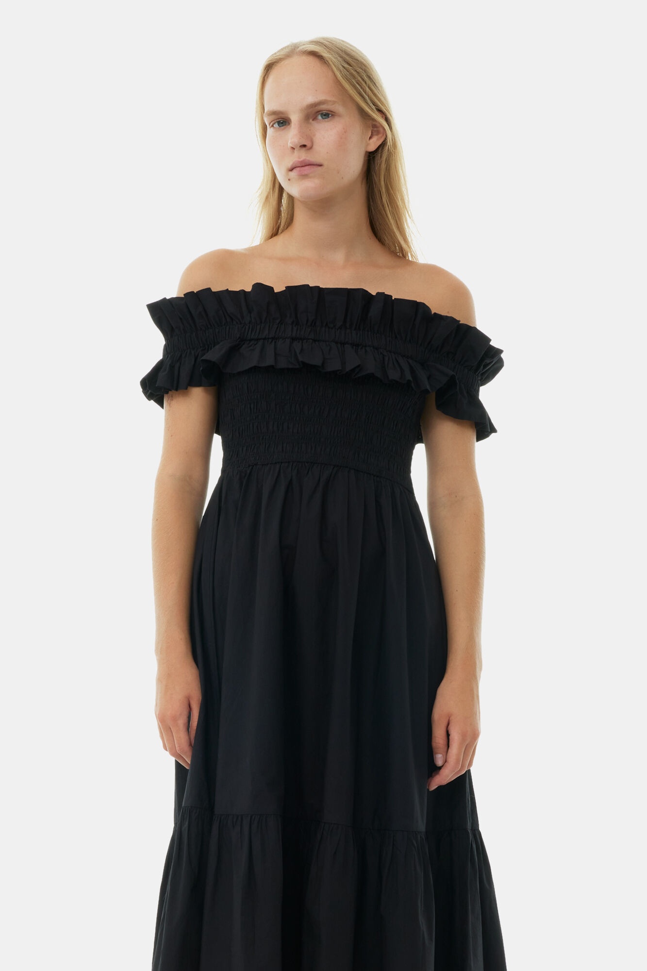 BLACK COTTON POPLIN LONG SMOCK DRESS - 3