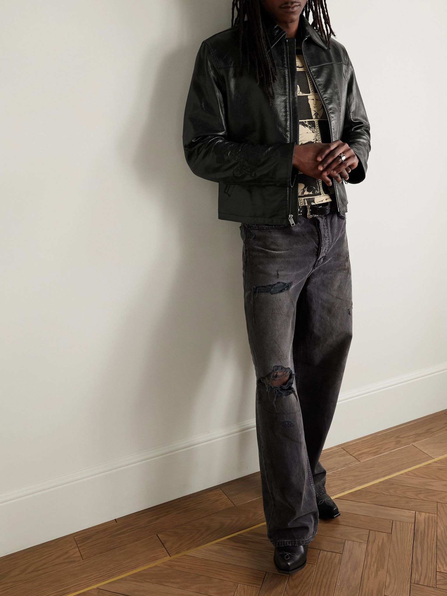 The Bully Distressed Embroidered Tumbled-Leather Jacket Black - 2