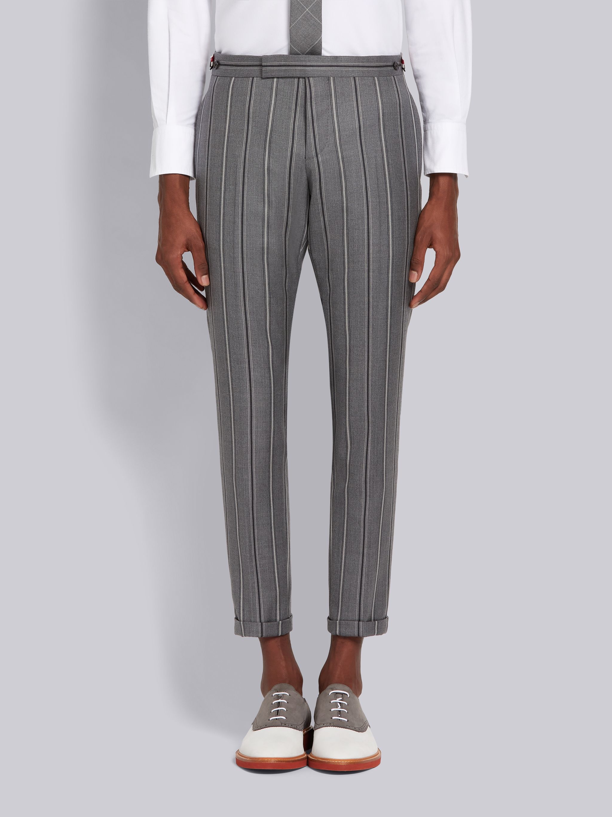 Medium Grey Wool Twill Suiting Alternating Stripe Low Rise Skinny Side Tab Trouser - 1