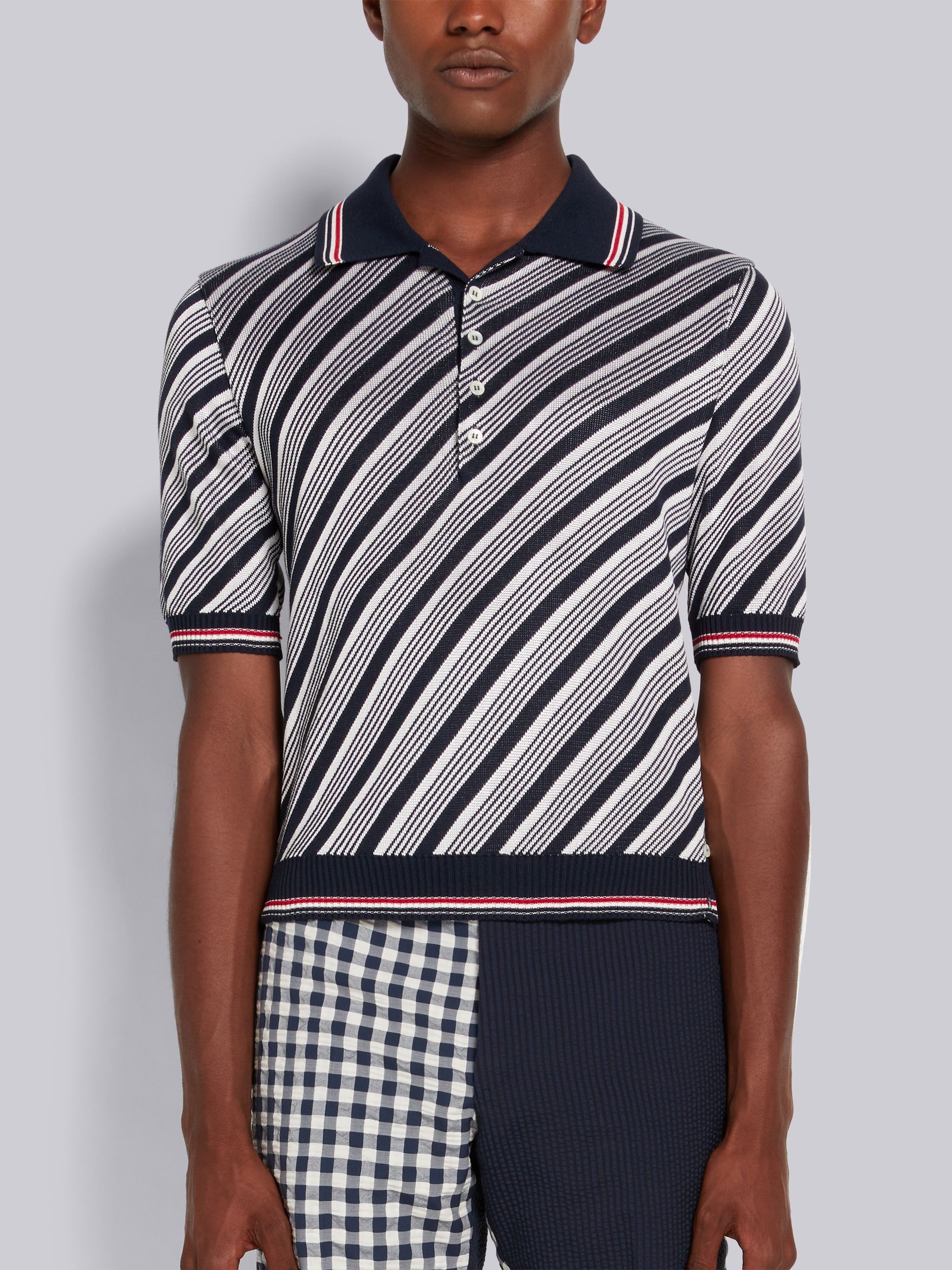 Navy Stripe Cotton Silk Stripe Tipping Polo - 1